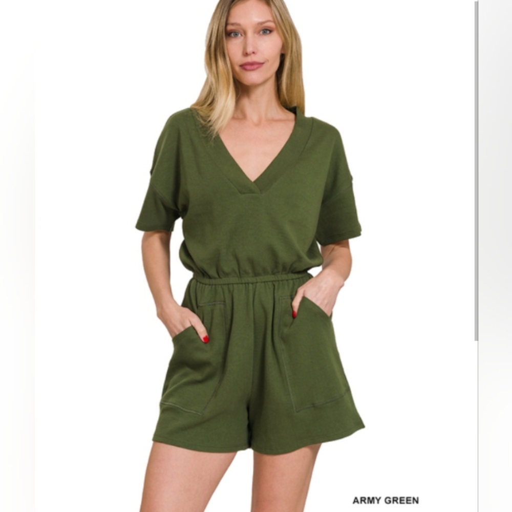 Zenana v-neck knit romper army green